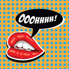 Woman red lips and comic speech bubble. Female mouth with speech bubble. Attractive girl lips and open mouth. American comics. Cartoon comic vector illustration in pop art retro style.