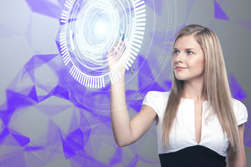 businesswoman and cyber button