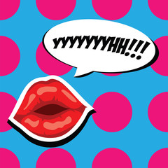 Sexy red lips and comic speech bubble. Beautiful mouth with speech bubble. Sensual girl lips and open mouth. American comics. Cartoon comic vector illustration in pop art retro style.