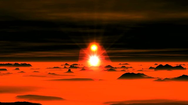 Two Suns over Alien Planet. Dark rocks, desert landscape covered with a dense red fog. On the horizon is a bright, radiant sun. Above him rises the second sun in a red halo. 