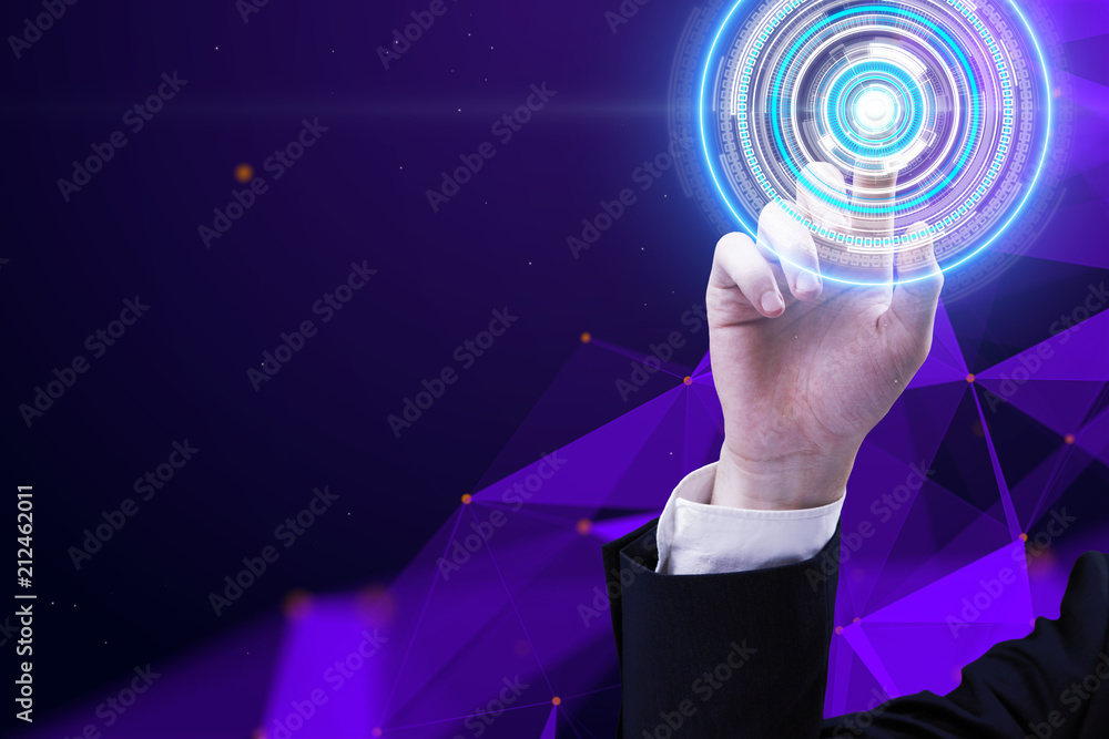 Poster man hand pushing cyber button