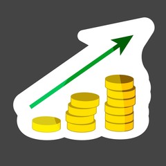 Vector icons colored sticker  pile of coins and an arrow showing money growth. Layers grouped for easy editing illustration. For your design.