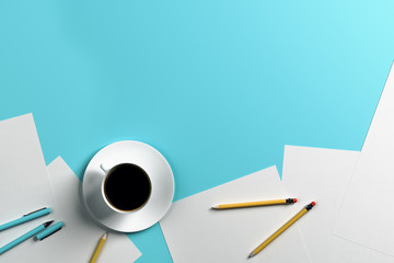 coffe mug on blue table