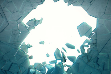 3D illustration wall of ice with a hole in the center of shatters into small pieces. Place for your banner, advertisement. The explosion caused a crack in the wall. Explosion hole in ice cracked wall.