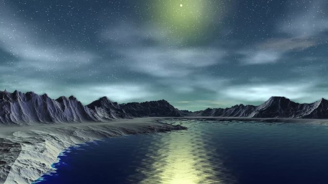 Fantasy alien planet. Mountain and water. Animation. Panorama. 4K