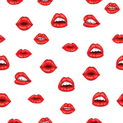 Pattern red woman lips with smile on white background. Sensual female mouth with white toothed smile seamless pattern. Beautiful woman lips with red lipstick.