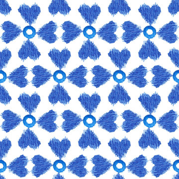 seamless pattern blue ikat watercolor on white background, ethnic fashion for textile, illustration