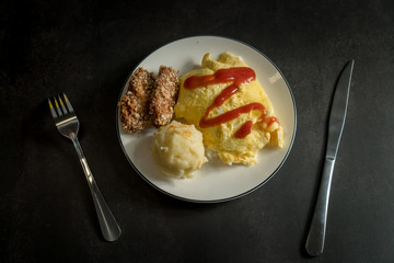 Egg-covered rice with textured background