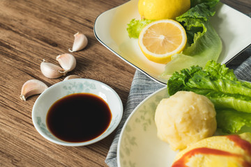 Egg-covered rice with textured background