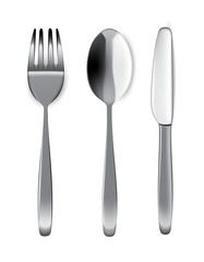 Mock up Realistic Metal Spoon, Fork And Knife on Dining Table for food isolated Background.
