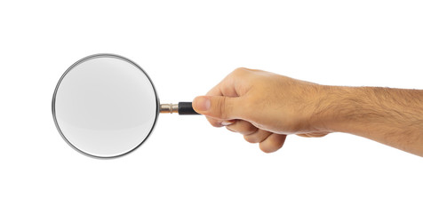 Search concept. Magnifying glass on a hand palm isolated on white background, clipping path