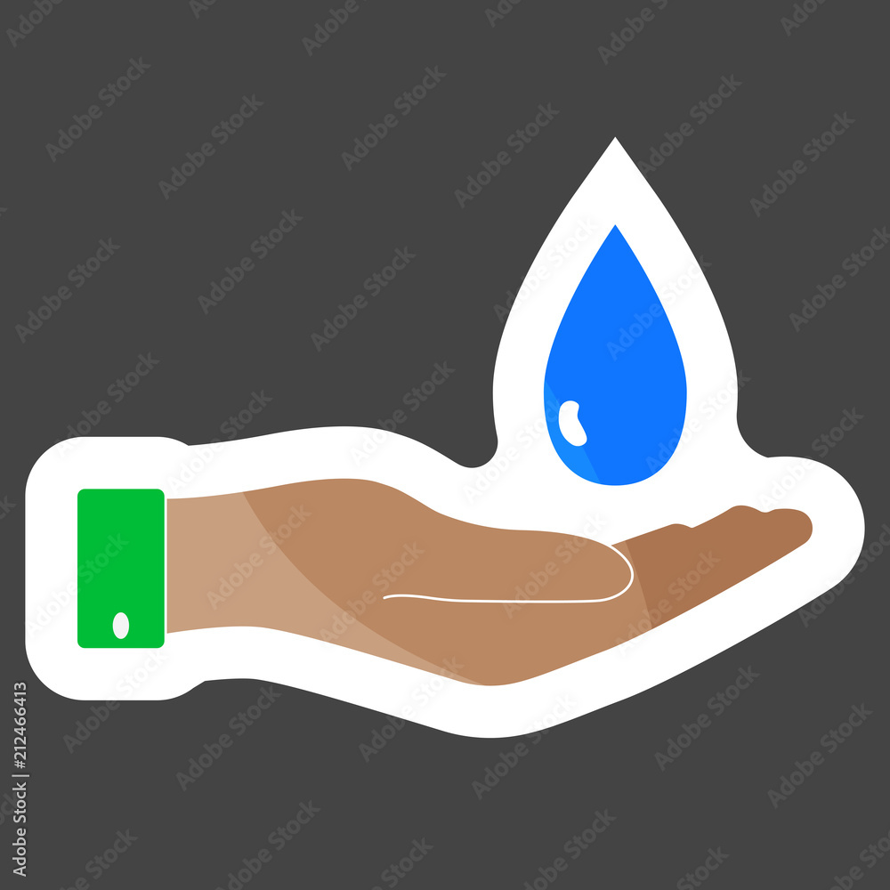 Poster vector icon hand holding a drop. flat hand design and a drop of water colored sticker. layers groupe