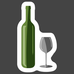  Vector icon of a glass and bottle. Dark bottle and glass goblet symbol colored sticker. Layers grouped for easy editing illustration. For your design.