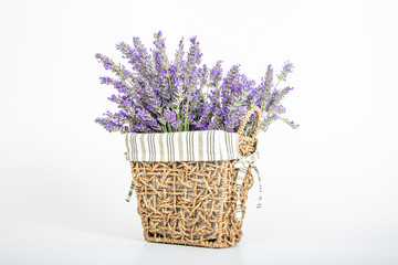 Mazzo di lavanda officinale in cestino di vimini su sfondo bianco