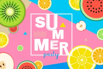 Fotobehang summer party banner with fruits slices and shapes © tarikdiz