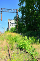 Zardzewiałe i zarośnięte tory kolejowe prowadzą do opuszczonego budynku. © W Korczewski