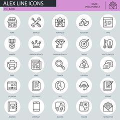 Thin line basic icons set for website and mobile site and apps. Contains such Icons as Portfolio, Services, Target, Awards, Support. 48x48 Pixel Perfect. Editable Stroke. Vector illustration.