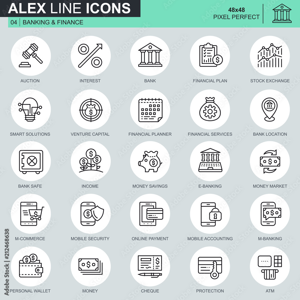 Poster thin line banking and finance icons set for website and mobile site and apps. contains such icons as