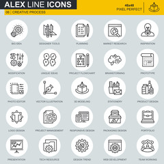 Thin line creative process and project workflow icons set for website and mobile site and apps. Contains such Icons as Inspiration, Big Idea. 48x48 Pixel Perfect. Editable Stroke. Vector illustration.