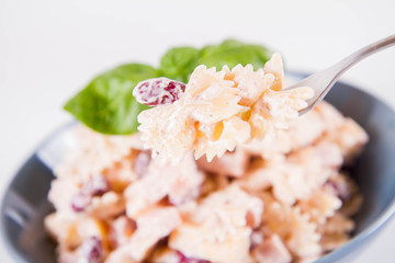 Pasta salad with cheese, ham, kidney beans and mayonnaise 