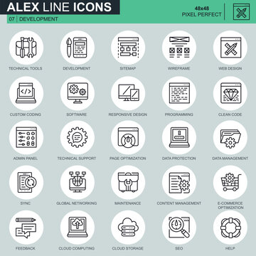 Thin line web design and development icons set for website and mobile site and apps. Contains such Icons as Software, Programming, Sync. 48x48 Pixel Perfect. Editable Stroke. Vector illustration.