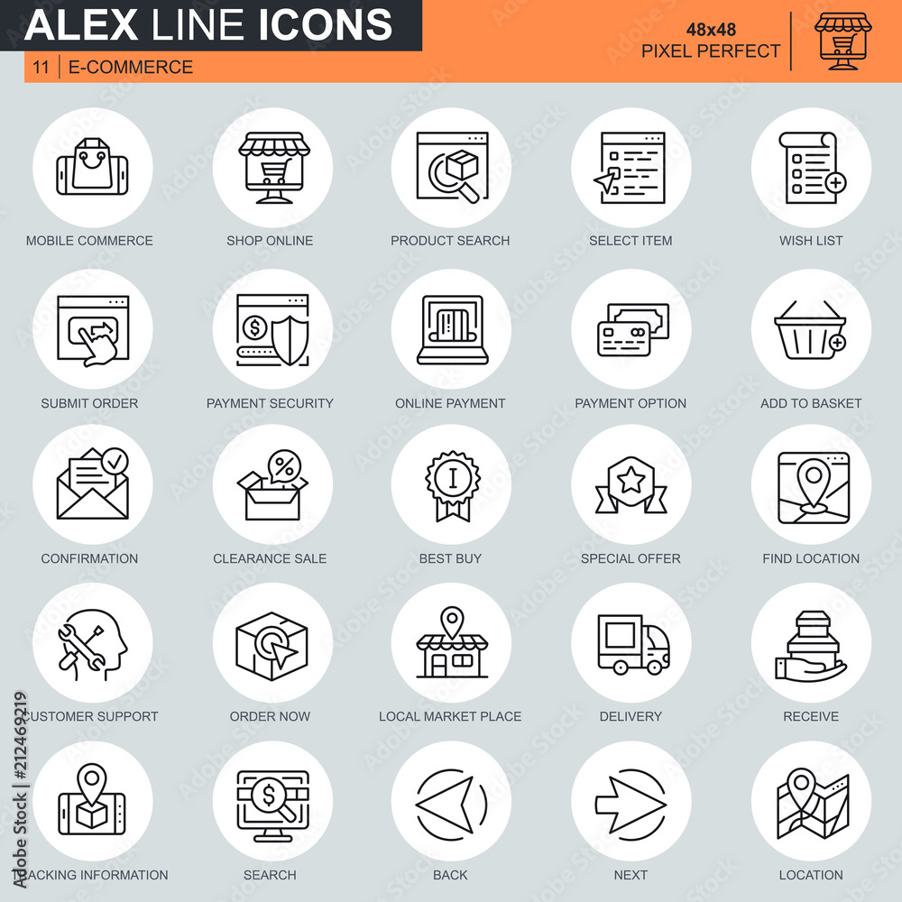Poster thin line online shopping and e-commerce icons set for website and mobile site and apps. contains su