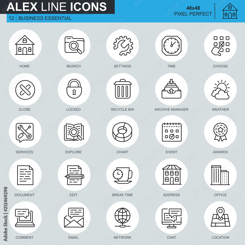 Poster thin line business essential, communication and office icons set for website and mobile site apps. c
