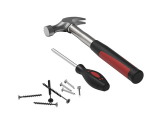 Set for home repair. Hammer, screwdriver with set of fasteners. White background. 3d rendering.