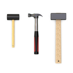 Tooling of hammers of different types on white background. 3d rendering.