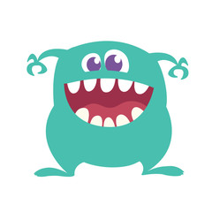 Cartoon Happy Monster With Big Mouth Laughing . Vector illustration of blue monster character. Halloween design