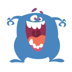 Angry cartoon monster with a big smile. Vector Halloween blue monster illustration