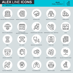Thin line healthcare and medicine, medical equipment icons set for website and mobile site and apps. Contains such Icons as DNA, Ambulance. 48x48 Pixel Perfect. Editable Stroke. Vector illustration.