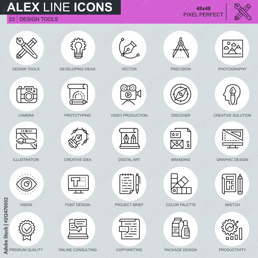 Poster thin line design tools icons set for website and mobile site and apps. contains such icons as creati