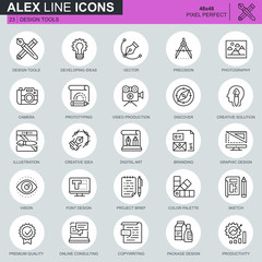 Thin line design tools icons set for website and mobile site and apps. Contains such Icons as Creative, Developing, Precision, Vision. 48x48 Pixel Perfect. Editable Stroke. Vector illustration.