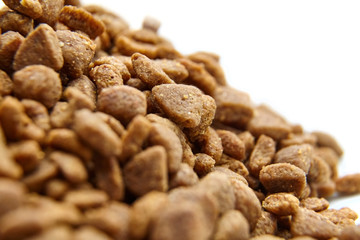 Dry food for dogs and cats. Pet meal on white background. Selective focus