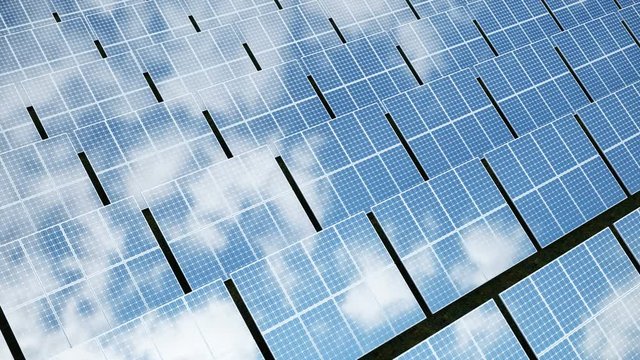Solar power generation technology. Alternative energy. Solar battery panel modules with blue sky, 3D illustration 4k Ultra HD 3840x2160