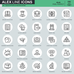 Thin line education and knowledge icons set for website and mobile site and apps. Contains such Icons as Studying, School, Graduation. 48x48 Pixel Perfect. Editable Stroke. Vector illustration.