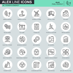 Thin line power industry icons set for website and mobile site and apps. Contains such Icons as Solar Panel, Eco Energy, Power Plant. 48x48 Pixel Perfect. Editable Stroke. Vector illustration.
