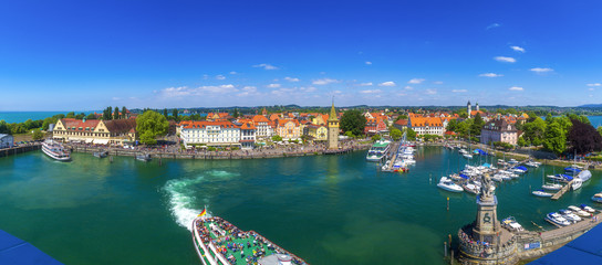 Panoramic Bird eye view of Lindua city in the morning at Lindua, Bavaria, Germany.