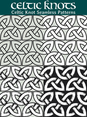 Celtic Knot Seamless Pattern. 4 different versions of a seamless pattern with Celtic knots: with white filling, without filling, with shadows and with a black background.