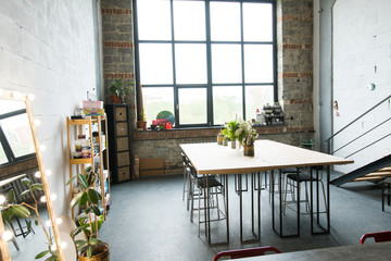 Background shot of modern design apartment with brick walls, copy space