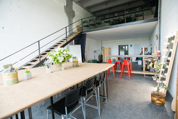Wide angle interior shot of modern design apartment with white  brick walls, copy space