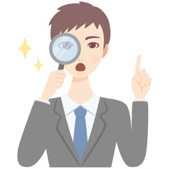 虫眼鏡をのぞく若いイケメンサラリーマン　スーツ　フラット　イラスト