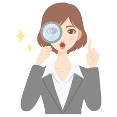 虫眼鏡をのぞく若いOL　スーツ　かわいい　フラット　イラスト