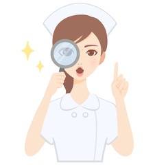 虫眼鏡をのぞく若い看護師　白衣　かわいい　フラット　イラスト