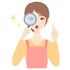虫眼鏡をのぞく若い主婦　エプロン　美人　フラット　イラスト