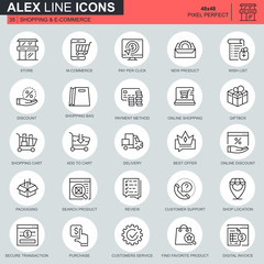 Thin line shopping and e-commerce icons set for website and mobile site and apps. Contains such Icons as Delivery, Payment, Store, Commerce. 48x48 Pixel Perfect. Editable Stroke. Vector illustration.