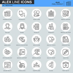 Thin line healthcare and medical icons set for website and mobile site and apps. Contains such Icons as Ambulance, Research, Hospital. 48x48 Pixel Perfect. Editable Stroke. Vector illustration.
