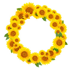 Wreath of sunflowers on a white background. Background with copy space.