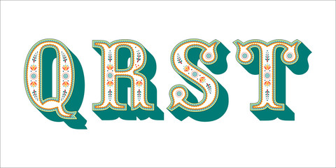 Folk ornament font Alphabet Q R S T for your design. Isolated characters. Vector design element for your art. Ornamental typescript, vintage design lettering.